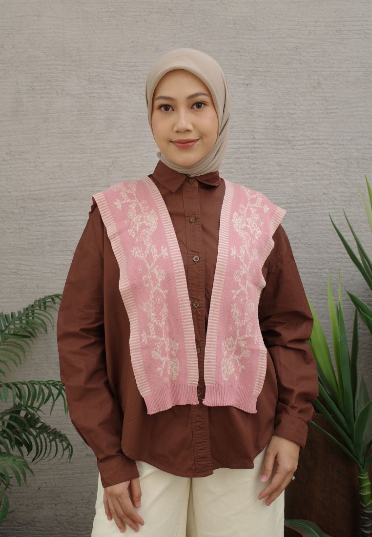 NONAETAL SEOUL JALAK SHIRT LONG SLEEVE KNIT SHAWL BROWN PINK