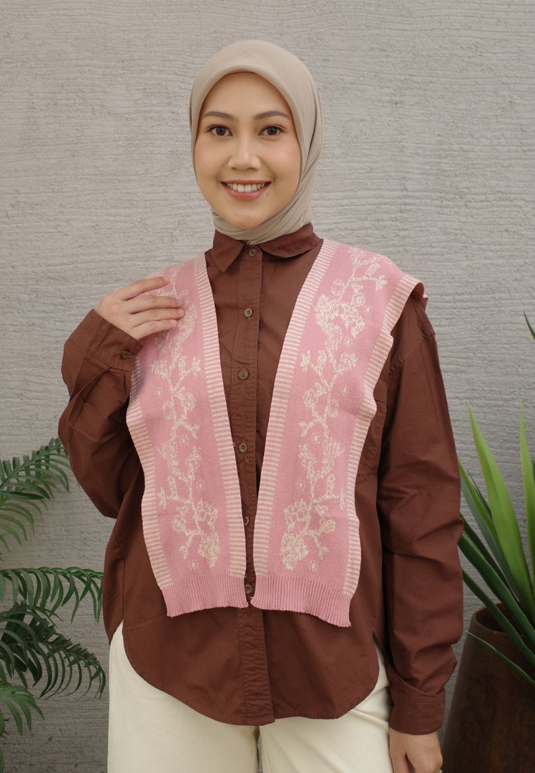 NONAETAL SEOUL JALAK SHIRT LONG SLEEVE KNIT SHAWL BROWN PINK