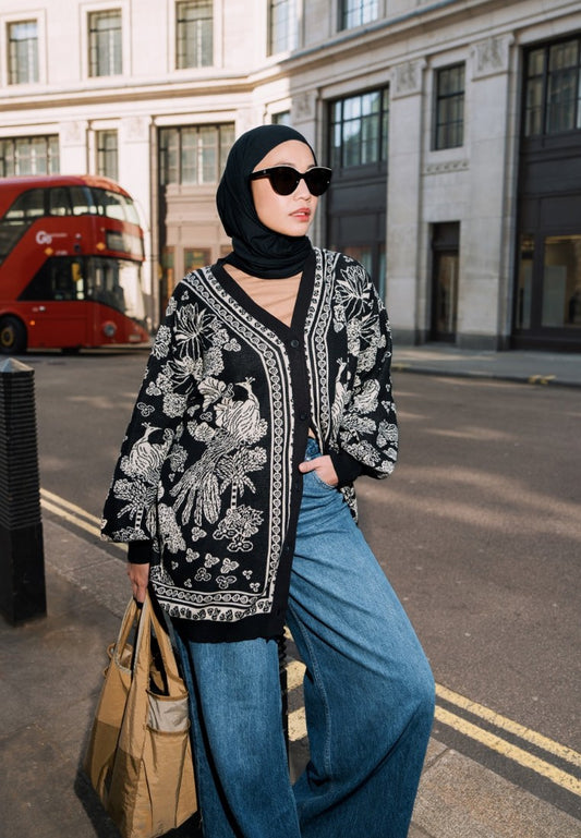 NONAETAL GRETA HERITAGE KNIT CARDIGAN OVERSIZED BLACK