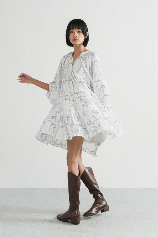 Modera Bohemian Dress In Blue Embroidered