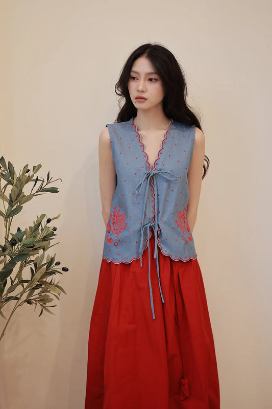 PICA EMBROIDERED TOP DENIM RED