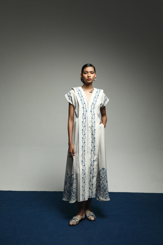 PURANA MAXI LAPEL LONG DRESS TROPIPELAGO BIRDS - OFF WHITE