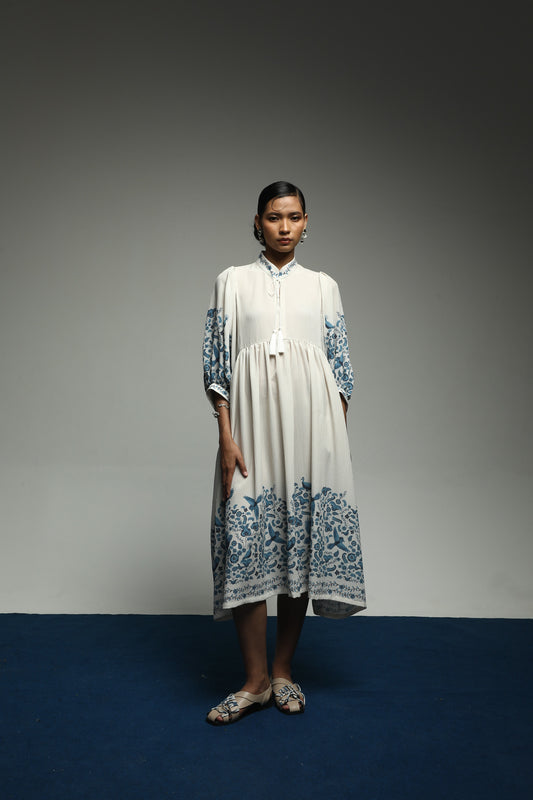 PURANA SUMMER MIDI DRESS TROPIPELAGO BIRDS - OFF WHITE