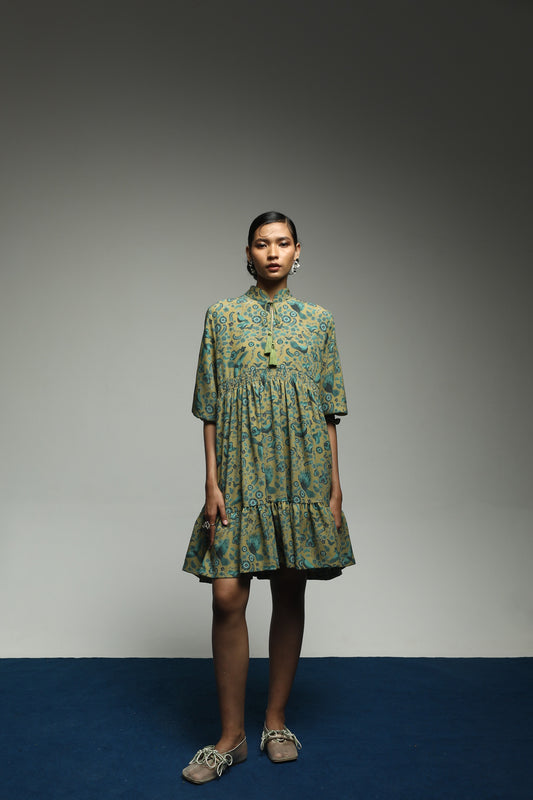 PURANA RUFFLE SMOCK MINI DRESS TROPIPELAGO BIRDS - OLIVE