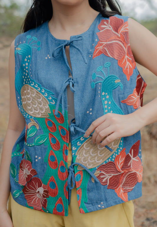 NONAETAL LYNX PEAFOWL EMBROIDERY VEST - DARK BLUE DENIM