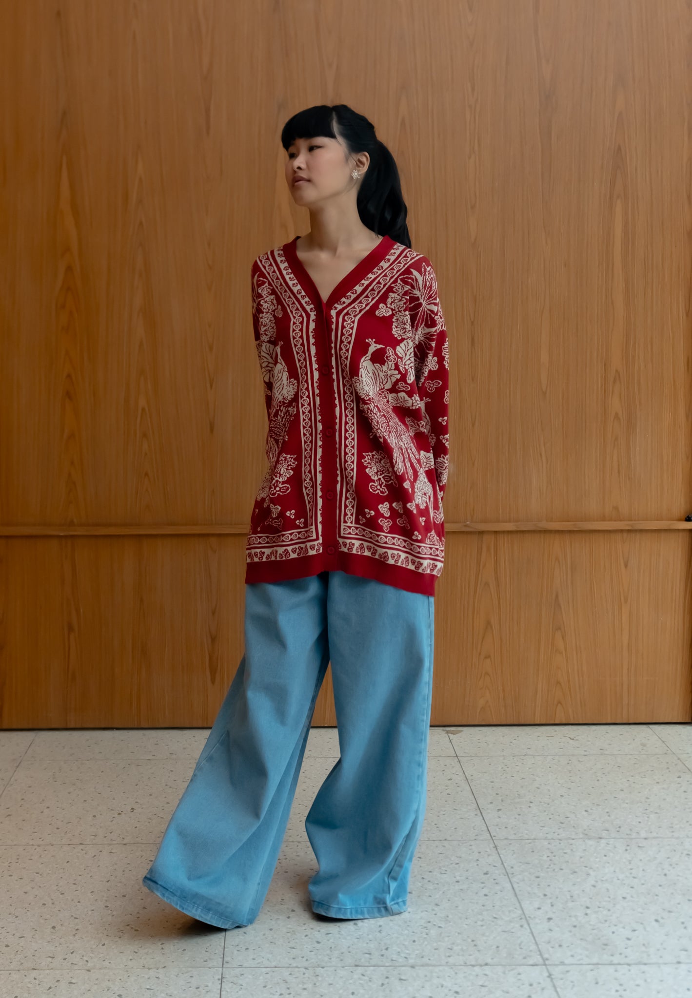 NONAETAL GRETA HERITAGE KNIT CARDIGAN OVERSIZED RED